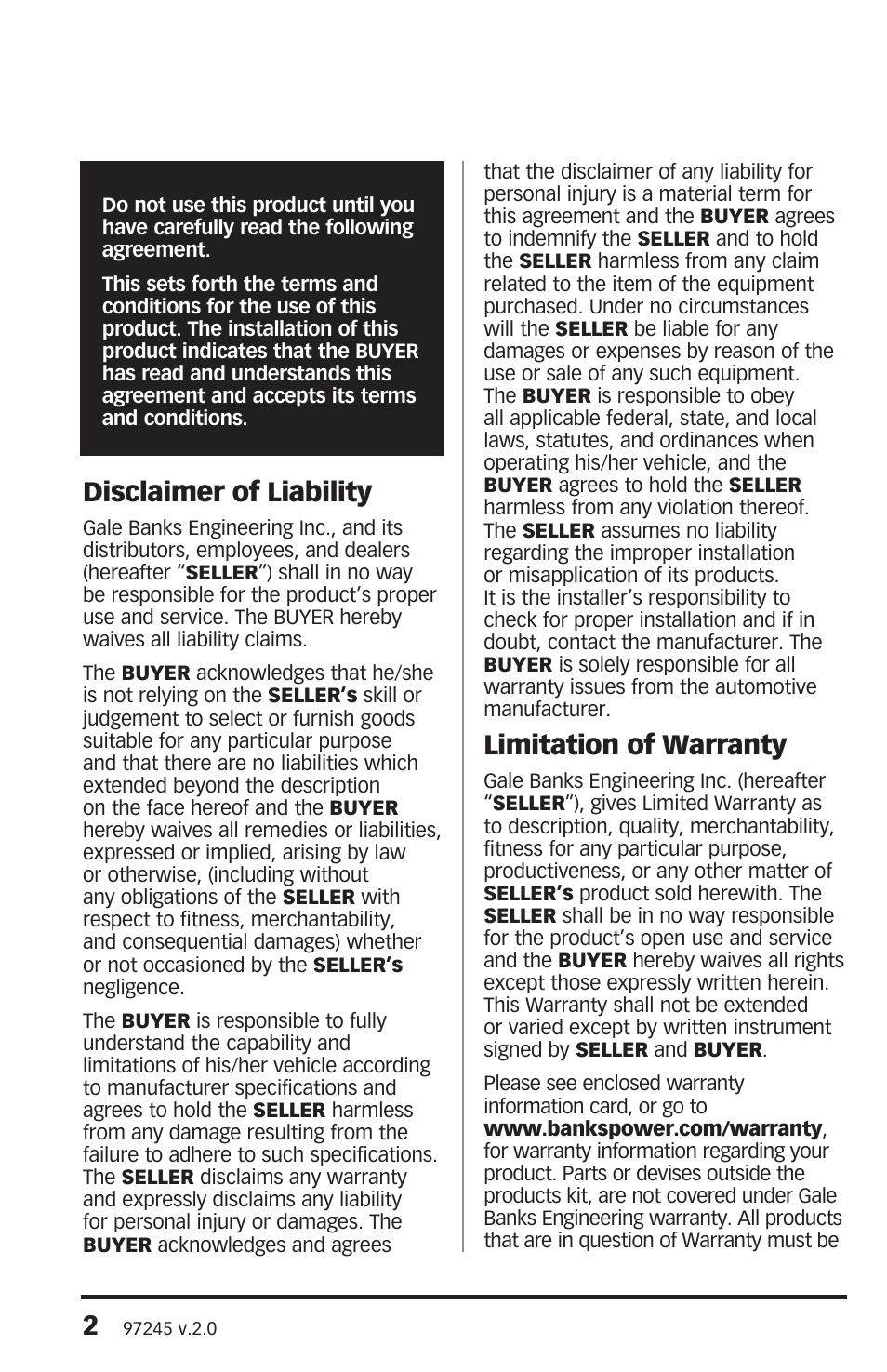 Disclaimer of liability, Limitation of warranty | Banks Power Chevy_GMC Trucks: Duramax LLY (Diesel ’04 - 05 6.6L) Speed Control- Banks Brake w_ Switch User Manual | Page 2 / 20