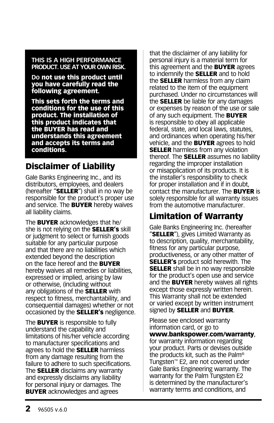 Disclaimer of liability, Limitation of warranty | Banks Power Chevy_GMC Trucks: Duramax LLY-LBZ (Diesel ’06 - 07 6.6L) Tuner- Six-Gun Diesel Tuner '06 -07 (PDA) Compatible with Optional PowerPDA & Speed-Loader User Manual | Page 2 / 28