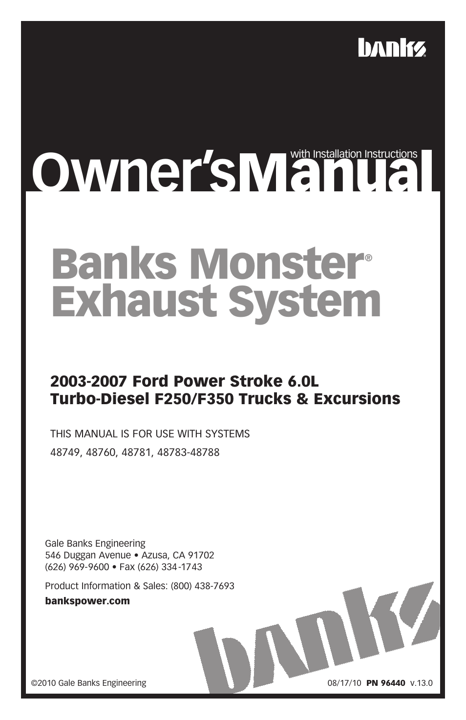 Banks Power Ford Trucks: (Diesel ’03 - 07 6.0L Power Stroke) Exhaust- Monster Exhaust, Single Passenger side exit, F-250_F-350 '03-07 Pickup Trucks and Excursions User Manual | 16 pages