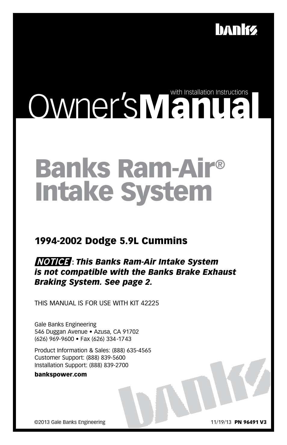 Banks Power Dodge Trucks: (Diesel ’94 - 98 5.9L Cummins) Intake- Ram-Air Intake System '98-02 User Manual | 12 pages