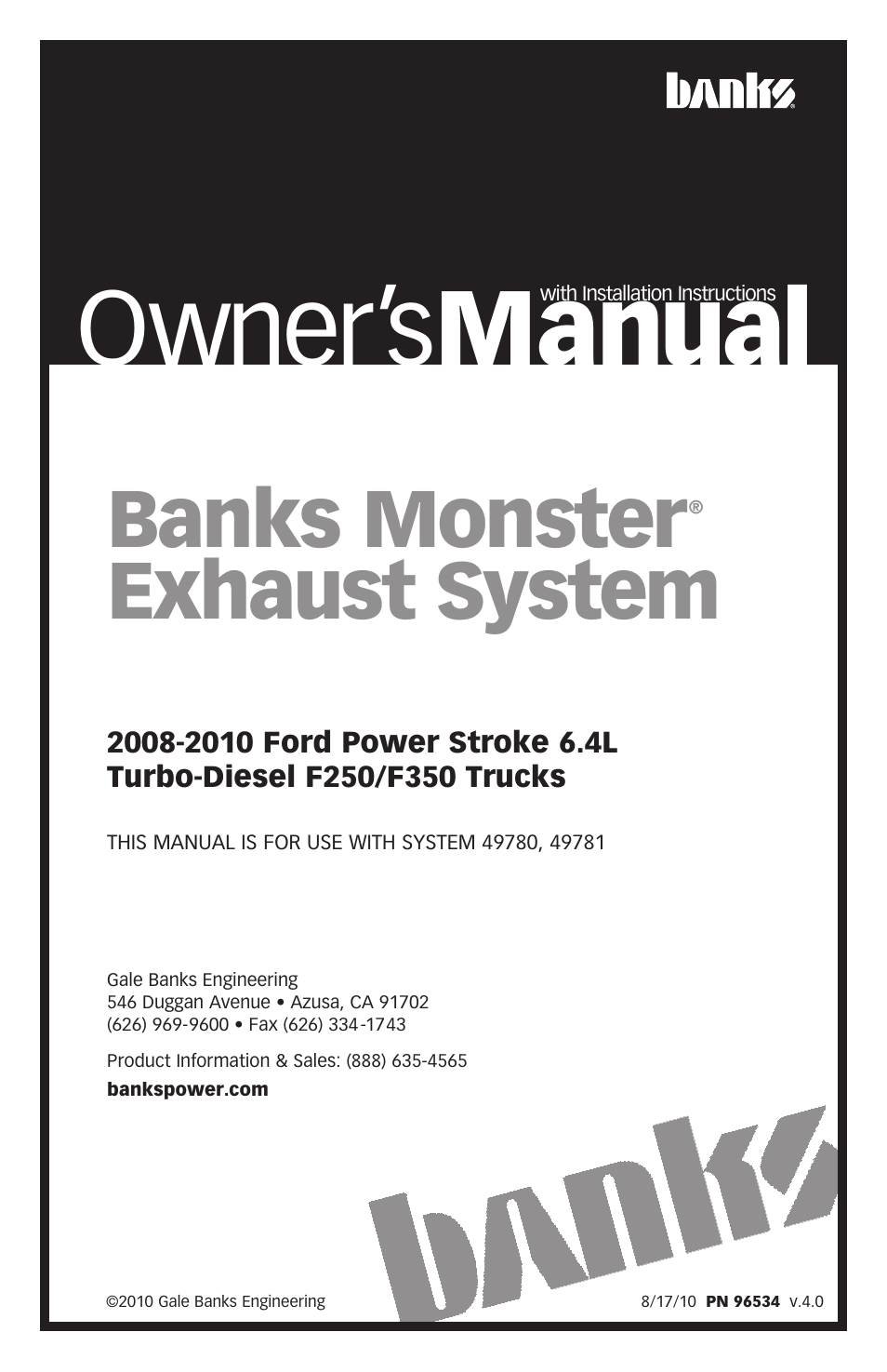 Banks Power Ford Trucks: (Diesel ’08 - 10 6.4L Power Stroke) Exhaust- Monster Exhaust, Single Passenger side exit '08-10 F-250_ F-350 User Manual | 16 pages