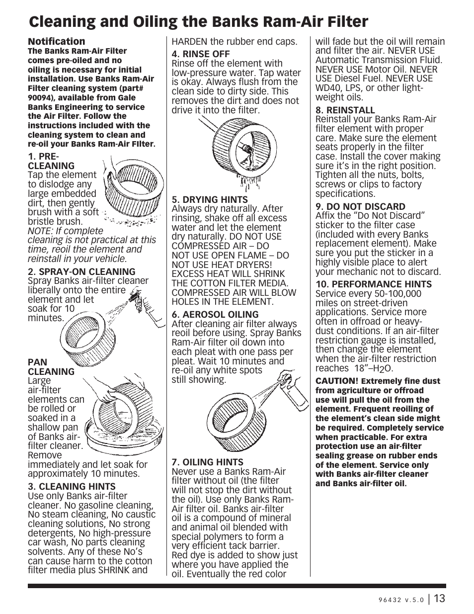 Cleaning and oiling the banks ram-air filter | Banks Power GM Motorhomes: (Gas ’01 - 10 8.1L Workhorse) PowerPack & Stinger systems '01-04 Class-A MH, P-series User Manual | Page 13 / 14