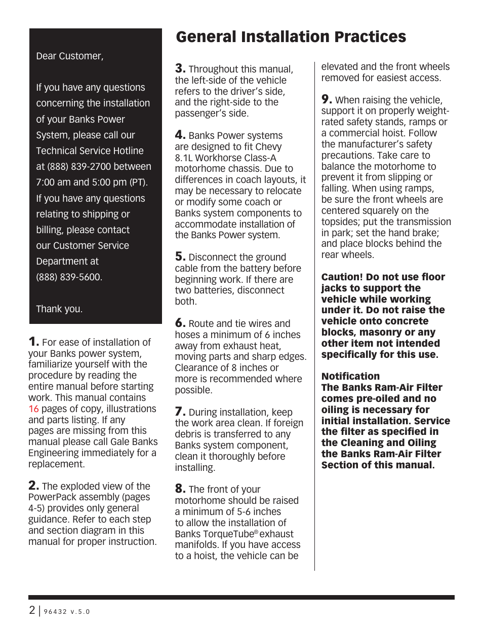 General installation practices | Banks Power GM Motorhomes: (Gas ’01 - 10 8.1L Workhorse) PowerPack & Stinger systems '01-04 Class-A MH, P-series User Manual | Page 2 / 14