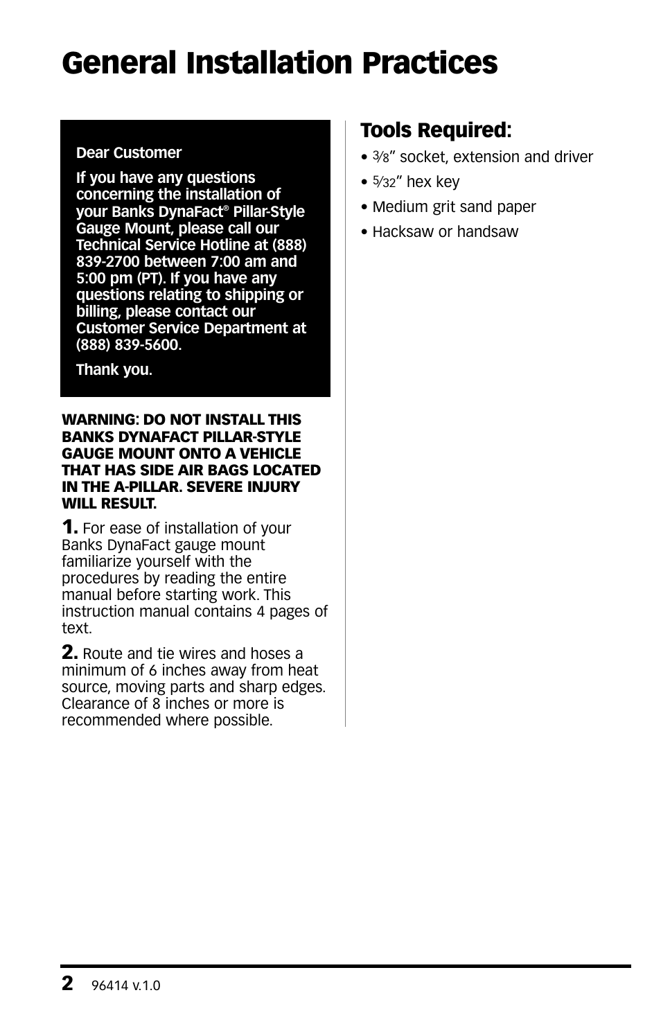 General installation practices, Tools required | Banks Power DynaFact pillar-style gauge mount '99-03 Ford 7.3L Power Stroke Trucks User Manual | Page 2 / 8