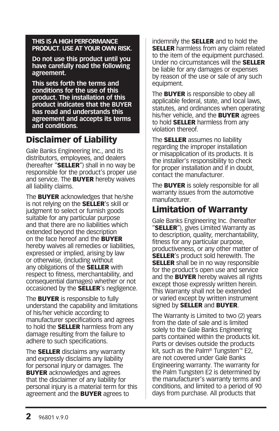 Disclaimer of liability, Limitation of warranty | Banks Power Ford Trucks: (Diesel ’03 - 07 6.0L Power Stroke) Interface- PowerPDA Ford (03-09), Chevy (01-08), Dodge (03-07) User Manual | Page 2 / 44