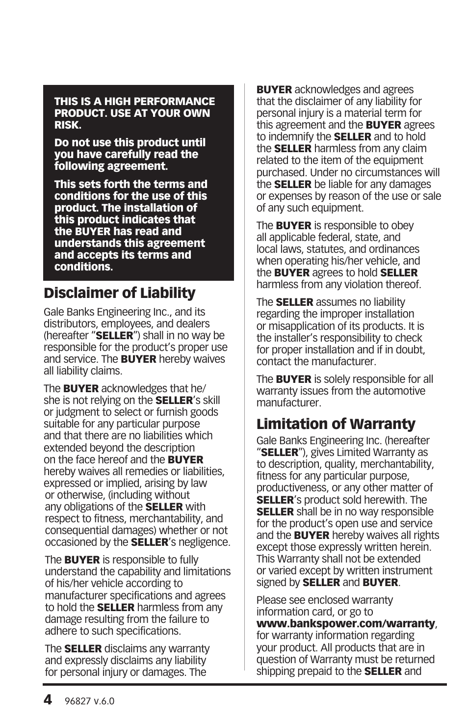 Disclaimer of liability, Limitation of warranty | Banks Power Ford Trucks: (Diesel ’08 - 10 6.4L Power Stroke) Tuner- Six-Gun Diesel Tuner & SpeedBrake, For use with Banks iQ '08-10 Compatible with PowerPDA User Manual | Page 4 / 36