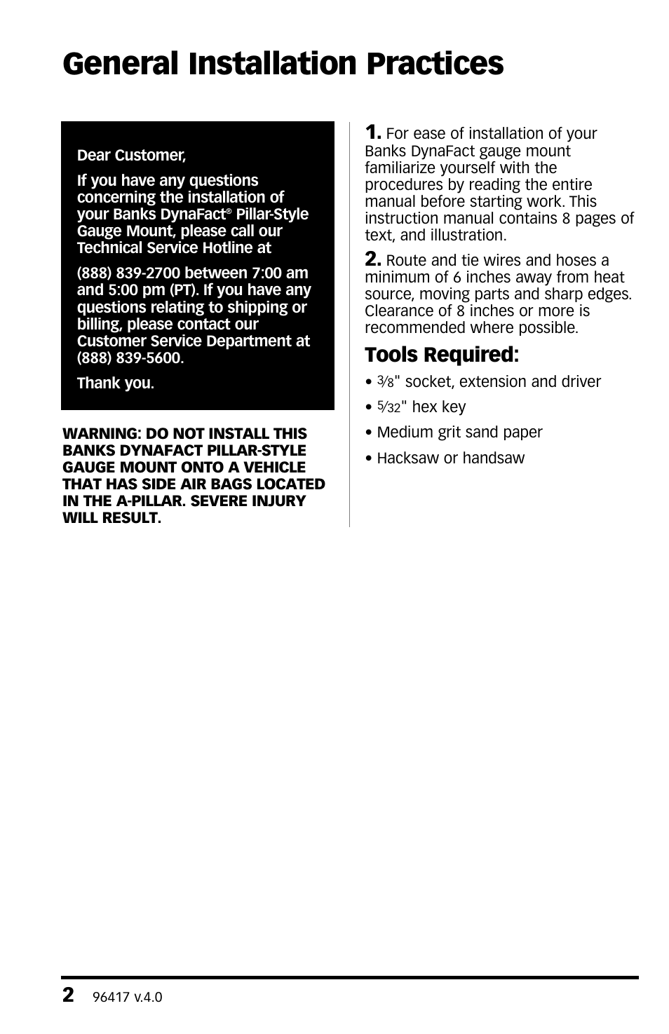 General installation practices, Tools required | Banks Power DynaFact pillar-style gauge mount ('88-05 Chevy_GMC), ('94-07 Dodge), ('87-05 Ford) User Manual | Page 2 / 8