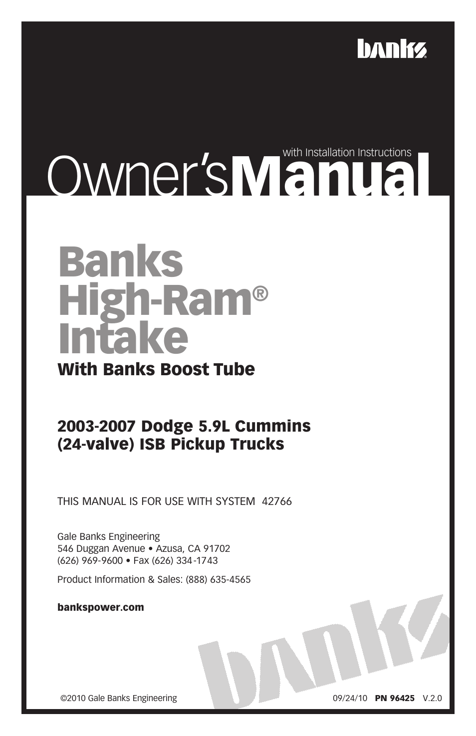 Banks Power Dodge Trucks: (Diesel ’03 - 07 5.9L Cummins) Intake- High-Ram Intake '03-07 w_Banks Boost Tube User Manual | 12 pages