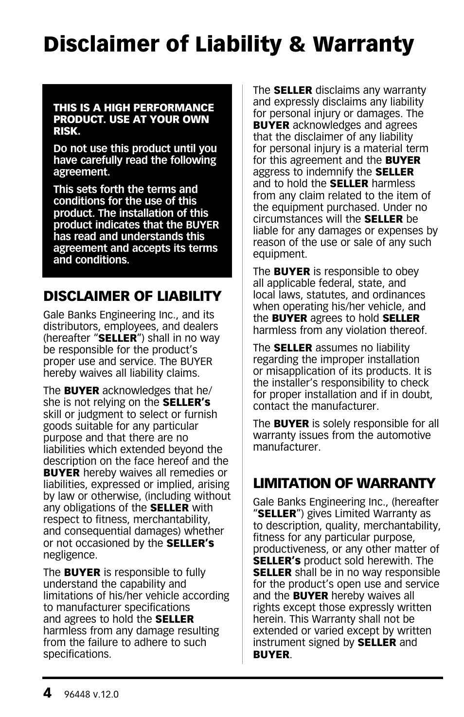 Disclaimer of liability & warranty, Disclaimer of liability, Limitation of warranty | Banks Power Dodge Trucks: (Diesel ’03 - 07 5.9L Cummins) Tuner- Six-Gun Diesel Tuner (235, 250, 305 HP Dodge 5.9L Cummins (24-valve) Trucks) '03-04 For use with Six-Gun Switch User Manual | Page 4 / 36