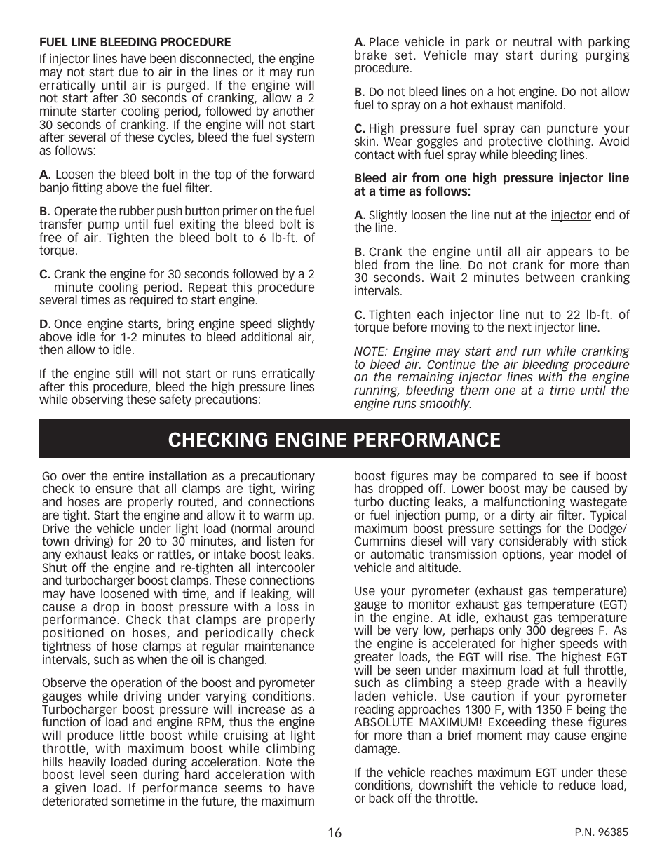 Checking engine performance | Banks Power Cummins Motorhomes: (Diesel ’93 - 98 B5.9L & C8.3L) PowerPack & Stinger systems w_Twin Ram Manifold 5.9L, 190-210-230-hp rated User Manual | Page 16 / 20