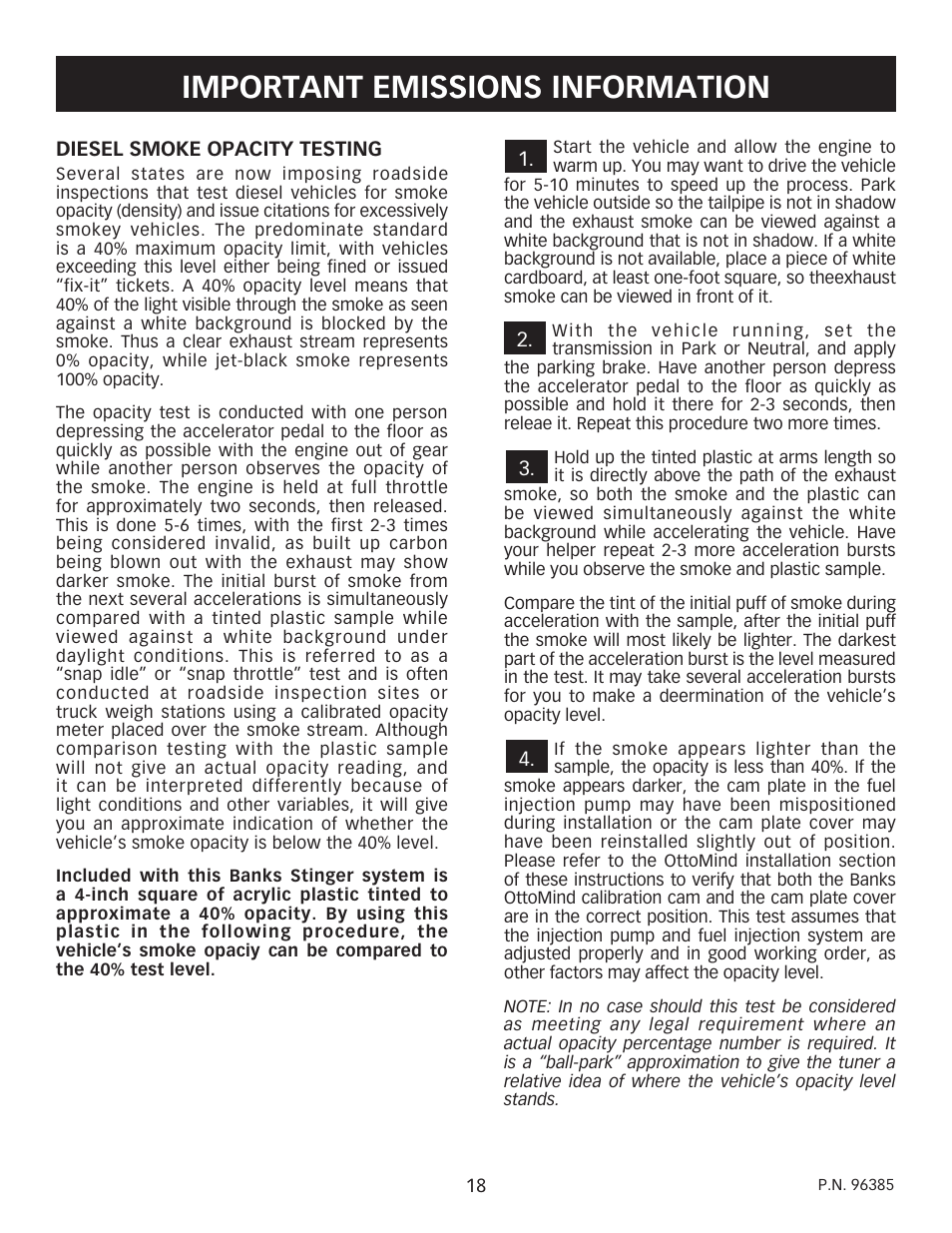 Important emissions information | Banks Power Cummins Motorhomes: (Diesel ’93 - 98 B5.9L & C8.3L) PowerPack & Stinger systems w_Twin Ram Manifold 5.9L, 190-210-230-hp rated User Manual | Page 18 / 20