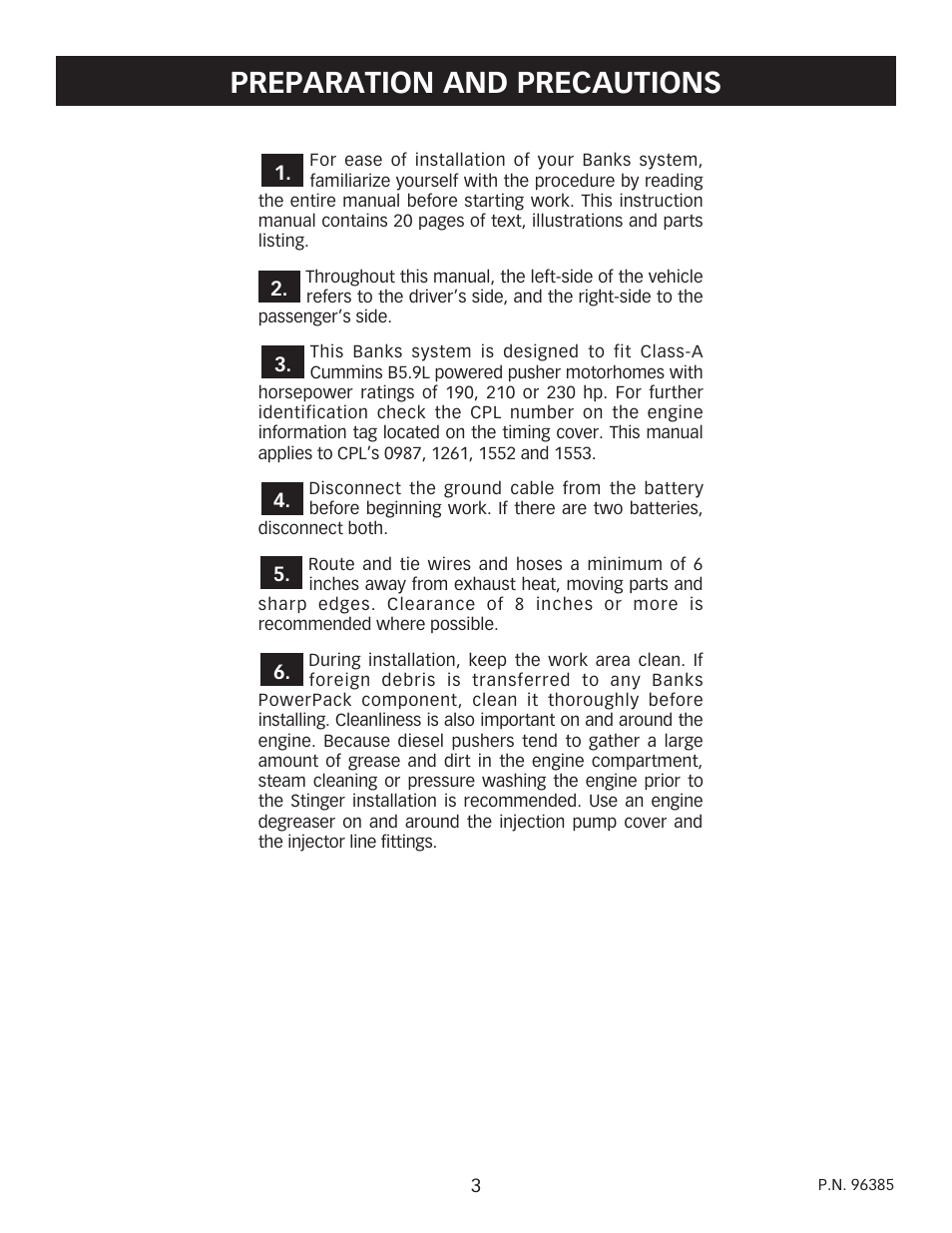 Preparation and precautions | Banks Power Cummins Motorhomes: (Diesel ’93 - 98 B5.9L & C8.3L) PowerPack & Stinger systems w_Twin Ram Manifold 5.9L, 190-210-230-hp rated User Manual | Page 3 / 20