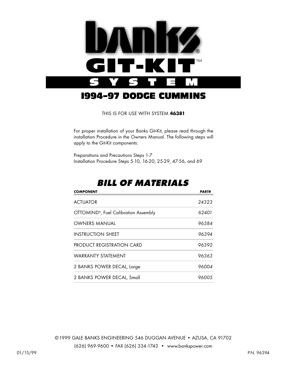 Banks Power Dodge Trucks: (Diesel ’94 - 98 5.9L Cummins) Power Systems- Git-Kit; '94-97 User Manual | 1 page