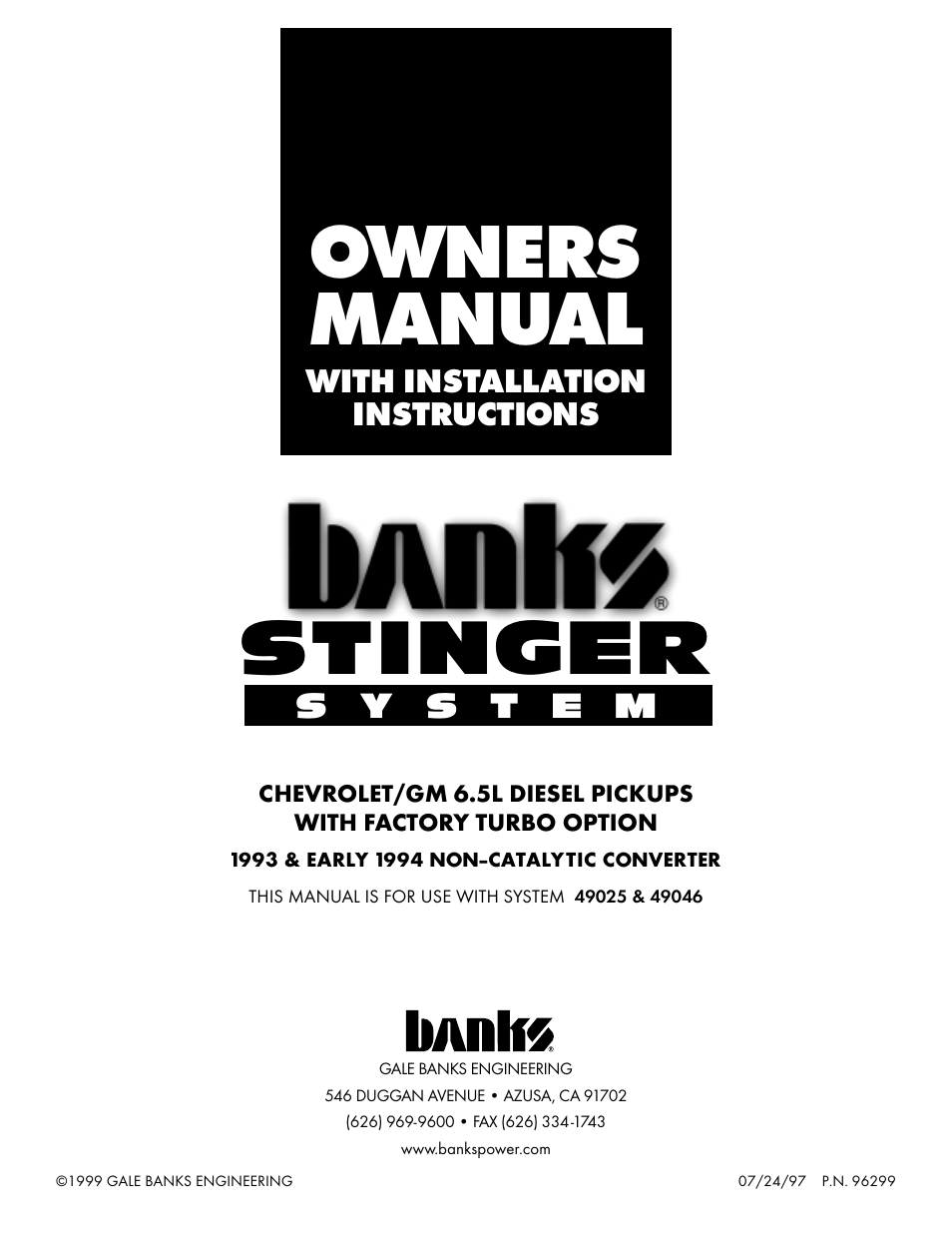 Banks Power Chevy_GMC Trucks: Diesel ’93 - 96 6.5L Power Systems- Stinger System '93-early '94 (non-cat) Pickups w_ factory turbo option User Manual | 10 pages