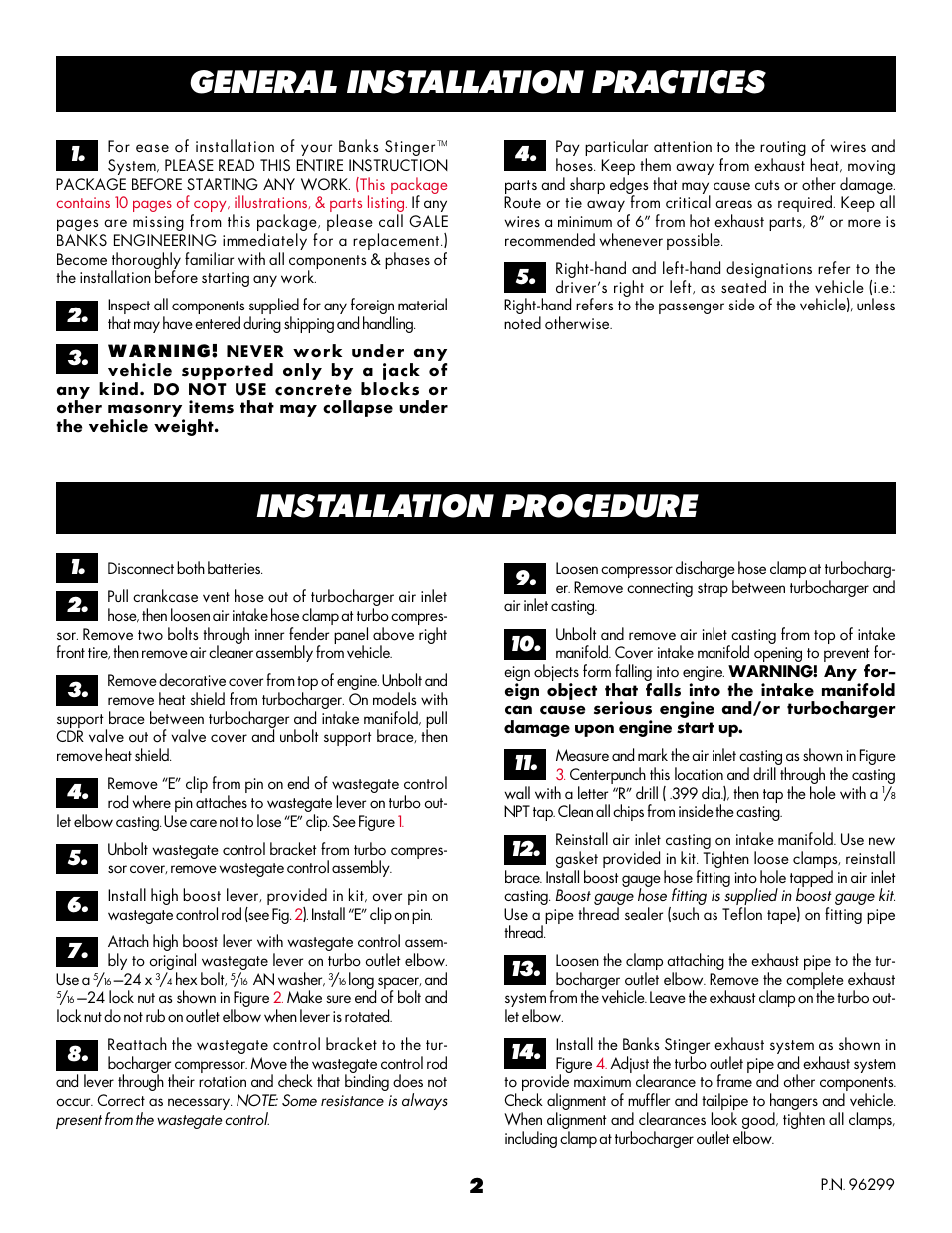 General installation practices, Installation procedure | Banks Power Chevy_GMC Trucks: Diesel ’93 - 96 6.5L Power Systems- Stinger System '93-early '94 (non-cat) Pickups w_ factory turbo option User Manual | Page 2 / 10
