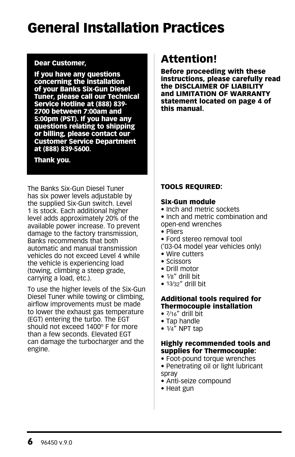 General installation practices, Attention | Banks Power Ford Trucks: (Diesel ’03 - 07 6.0L Power Stroke) Tuner- Six-Gun Diesel Tuner w_ optional Speed-Loader Module For use with Six-Gun switch Only User Manual | Page 6 / 28