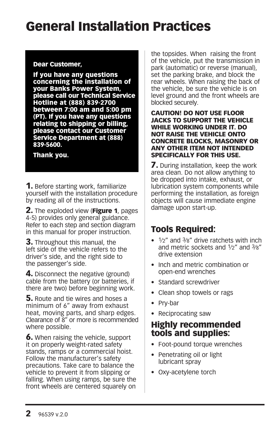 General installation practices, Tools required, Highly recommended tools and supplies | Banks Power Ford Trucks: (Diesel ’11 - 14 6.7L Power Stroke) Exhaust- Monster Exhaust, Split-Dual, side exits '11 F-250_ F-350_ F-450 User Manual | Page 2 / 12