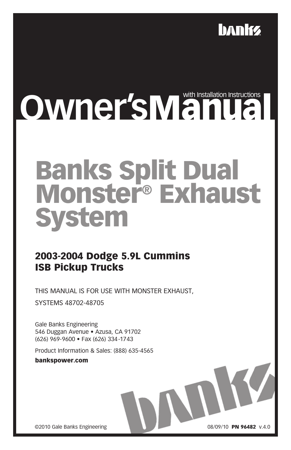 Banks Power Dodge Trucks: (Diesel ’03 - 07 5.9L Cummins) Exhaust- Monster Exhaust, Split-Dual, out the sides '03-04 User Manual | 12 pages