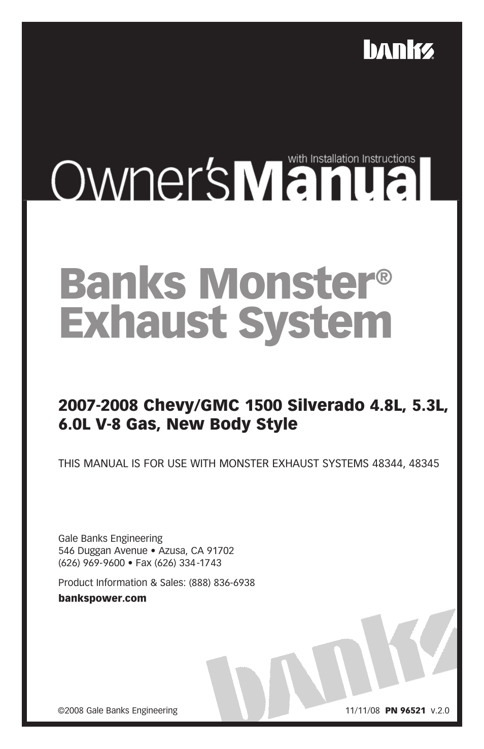 Banks Power Chevy_GMC Trucks: Gas ’99 - 14 4.3,4.8,5.3,6.0,6.2,8.1 Exhaust- Monster Exhaust, Single Passenger Side or Rear Exit '07-08 Chevy-GMC 1500 Silverado 4.8L, 5.3L, 6.0L V-8 Gas, New Body Style User Manual | 10 pages
