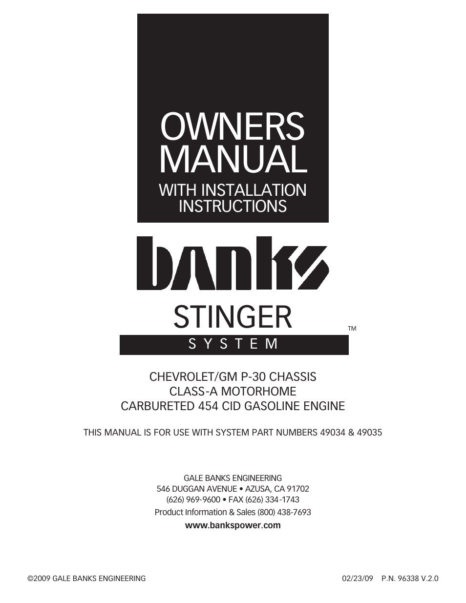 Banks Power GM Motorhomes: (Gas ’96 - 00 7.4L Vortec) Power Systems- Stinger system (Carbureted, P30 chassis) User Manual | 12 pages