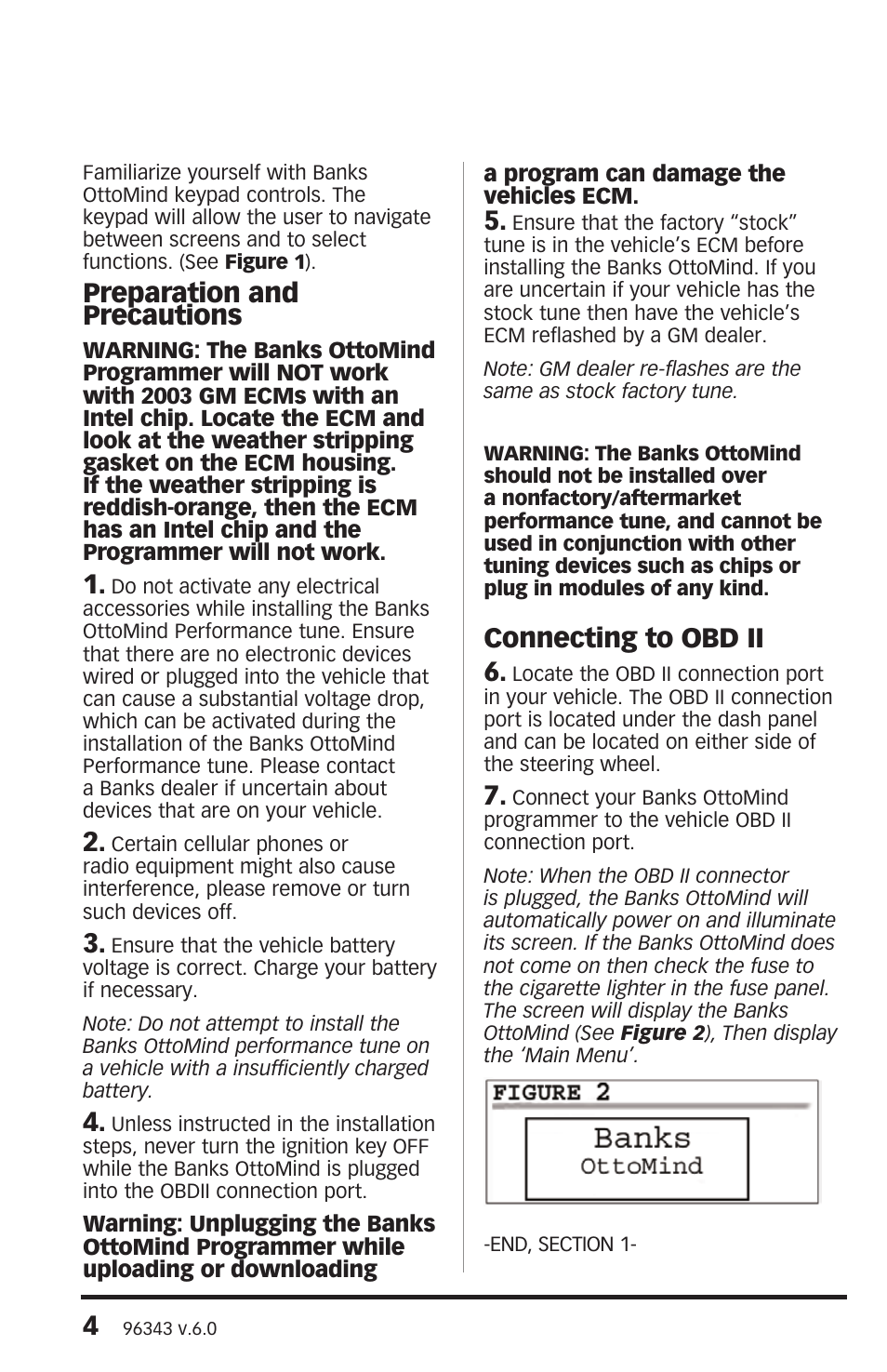 Preparation and precautions, Connecting to obd ii 6 | Banks Power GM Motorhomes: (Gas ’01 - 10 8.1L Workhorse) Programmer- Ottomind Programmer '99-07 Chevy-GMC 4.8L, 5.3L, 6.0L, 8.1L Trucks '01-07 Chevy-GMC 8.1L WorkHorse Class A Motor Home User Manual | Page 4 / 14