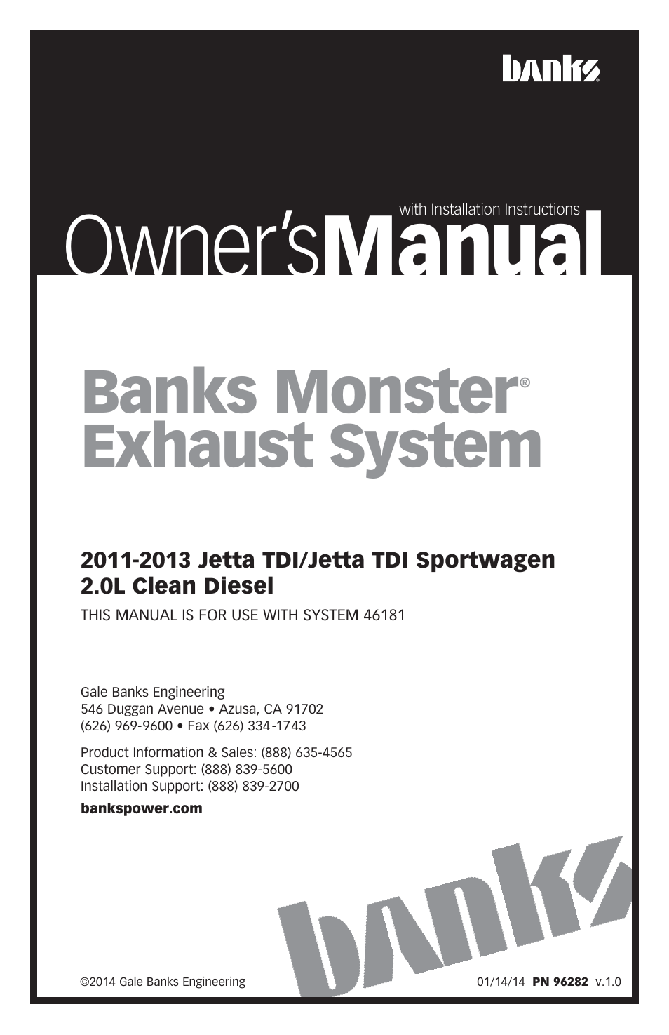 Banks Power Volkswagen Cars: (Diesel ’11 - 13 Jetta 2.0L TDI) Exhaust- Monster Exhaust, Single out the back 2011-2013 2.0L Clean Diesel, Jetta TDI & Jetta TDI Sportwagen User Manual | 8 pages