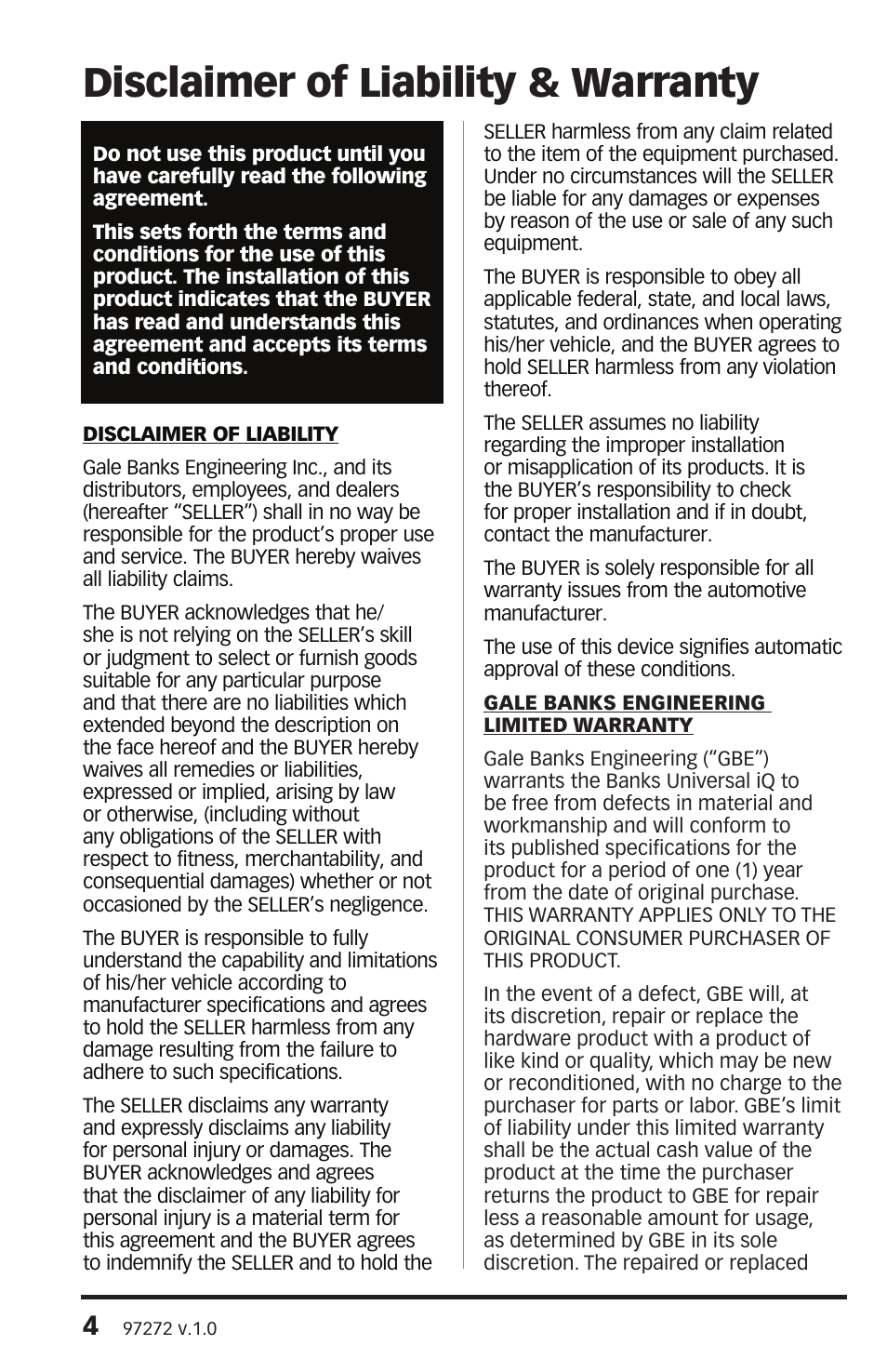 Disclaimer of liability & warranty | Banks Power Interface- Banks iQ 1996 & Later Vehicles with OBDII Diagnostics User Manual | Page 4 / 46