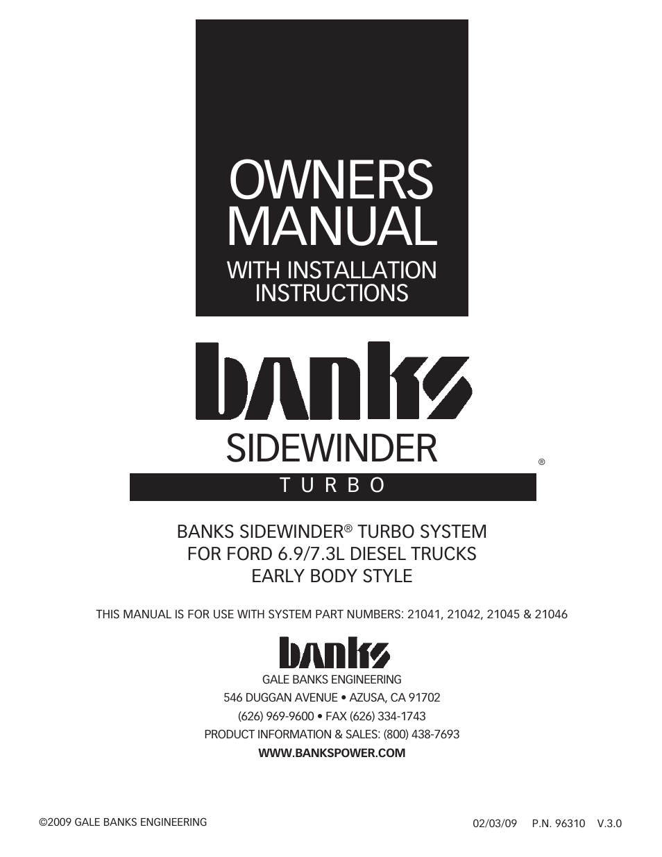 Banks Power Ford Trucks: (Diesel ’83 - 93 6.9 & 7.3L) Forced Induction- Sidewinder turbo system (early-body) 6.9L & 7.3L User Manual | 20 pages