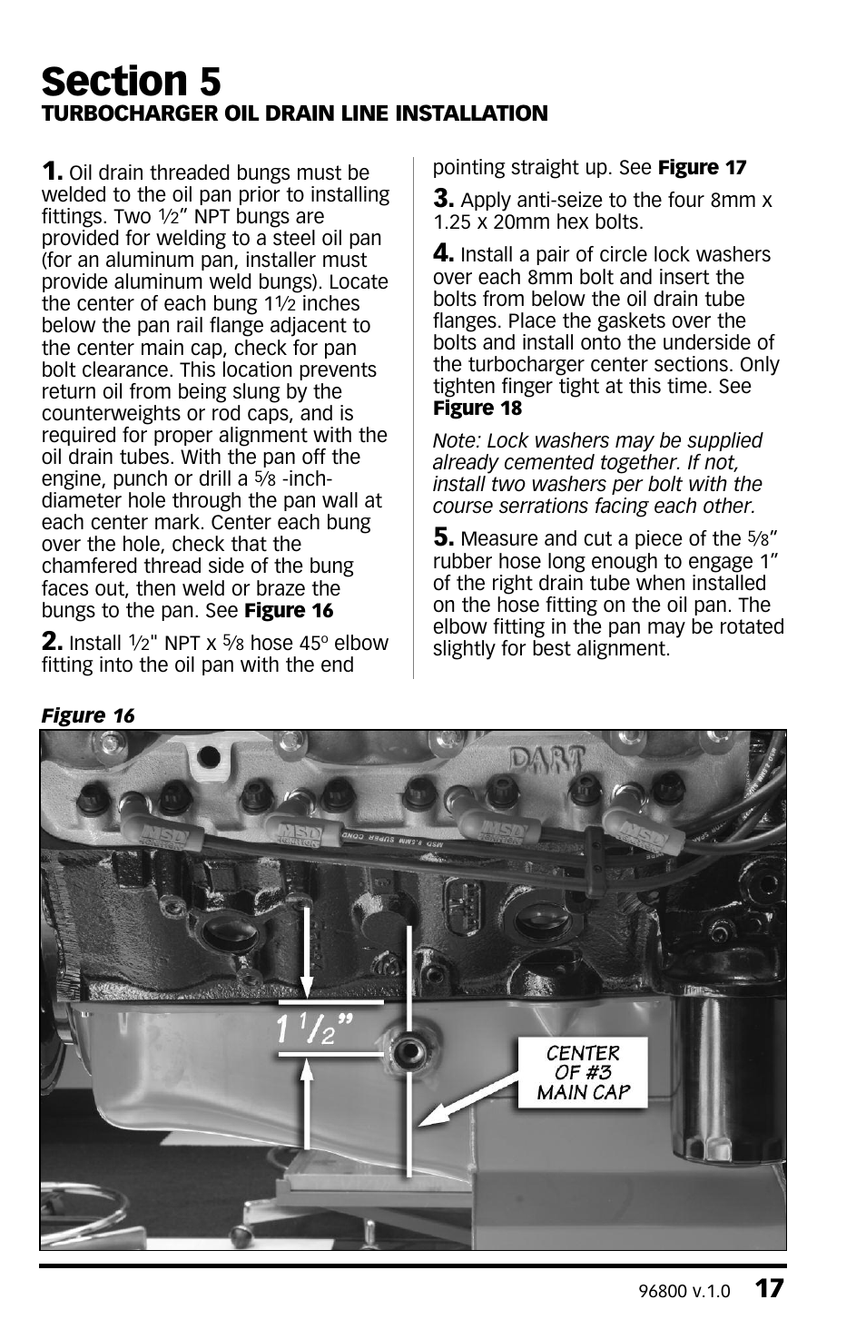 Section 5, Turbocharger oil drain line, Section 5 turbocharger oil drain line installation | Banks Power Twin-Turbo: Forced Induction- Twin Turbos Small Block Chevy User Manual | Page 17 / 40