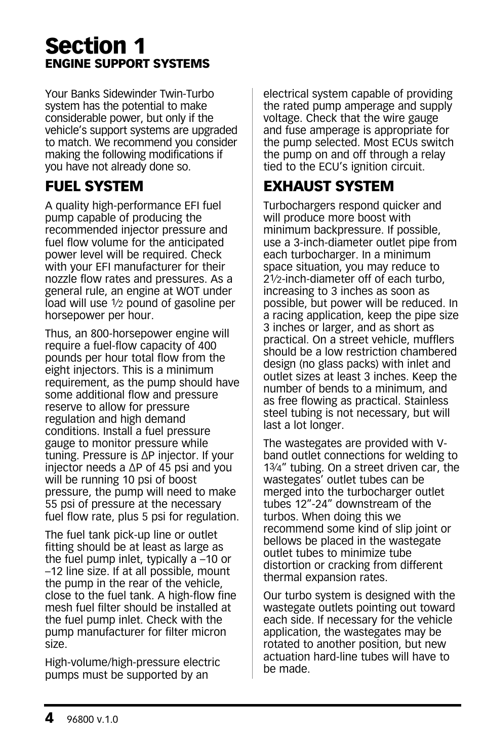 Section 1, Engine support systems, Section 1 engine support systems | Fuel system, Exhaust system | Banks Power Twin-Turbo: Forced Induction- Twin Turbos Small Block Chevy User Manual | Page 4 / 40
