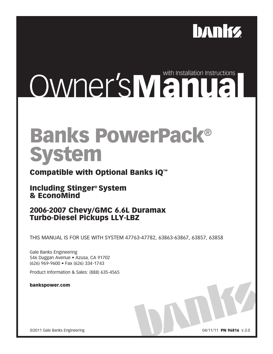 Banks Power Chevy_GMC Trucks: Duramax LLY-LBZ (Diesel ’06 - 07 6.6L) Power Systems- PowerPack & Stinger Systems w EconoMind (LLY & LBZ) '06-07 (iQ) Compatible with Optional Banks iQ User Manual | 40 pages