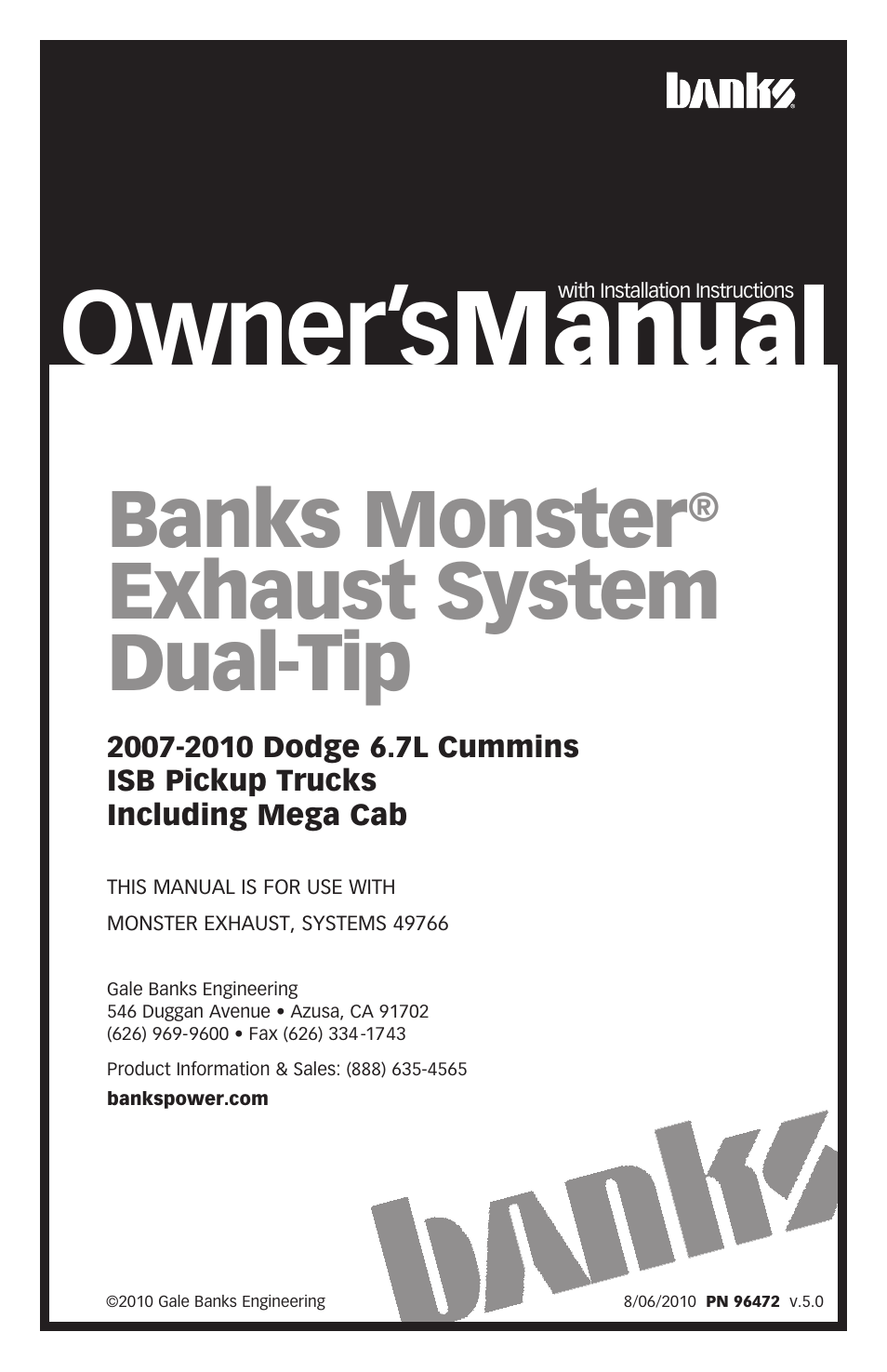 Banks Power Dodge Trucks: (Diesel ’07 - 12 6.7L Cummins) Exhaust- Monster Exhaust, Single Passenger side exit, Dual-Tip '07-10 Including Mega Cab User Manual | 8 pages