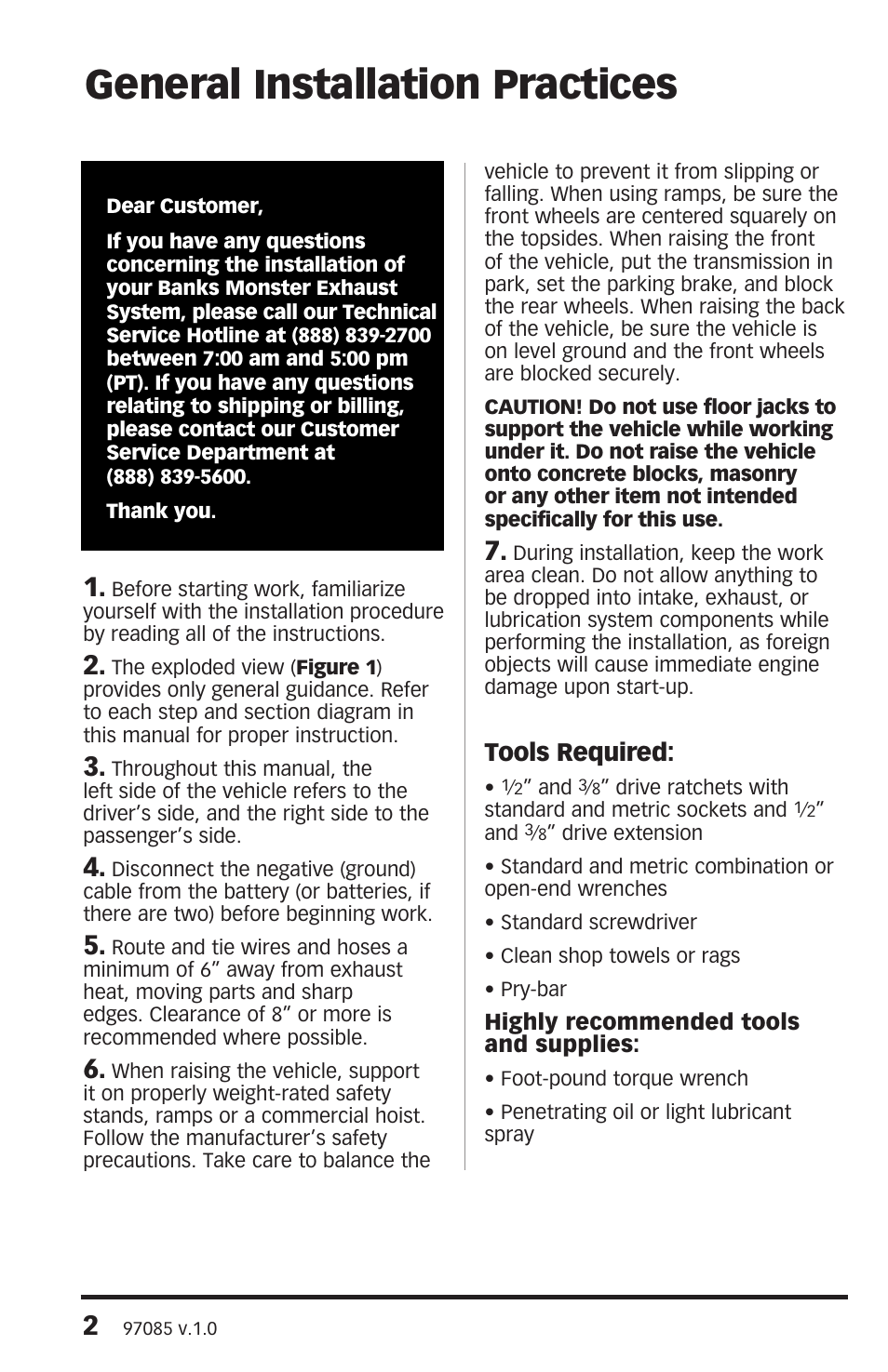 General installation practices, Tools required | Banks Power Dodge Trucks: (Gas ’02 - 10 5.7L HEMI & 4.7L) Exhaust- Monster Exhaust, '09 5.7L Dodge Ram 1500, Hemi, CCSB Only User Manual | Page 2 / 8
