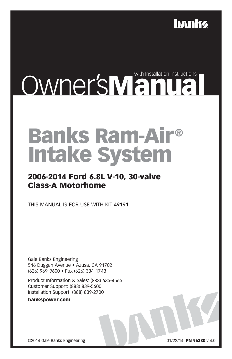 Banks Power Ford Motorhomes: (Gas ’05 - 14 6.8L V-10, Class-A (30-valve) Intake- Ram-Air Intake System, (Class-A) '06-08 User Manual | 16 pages