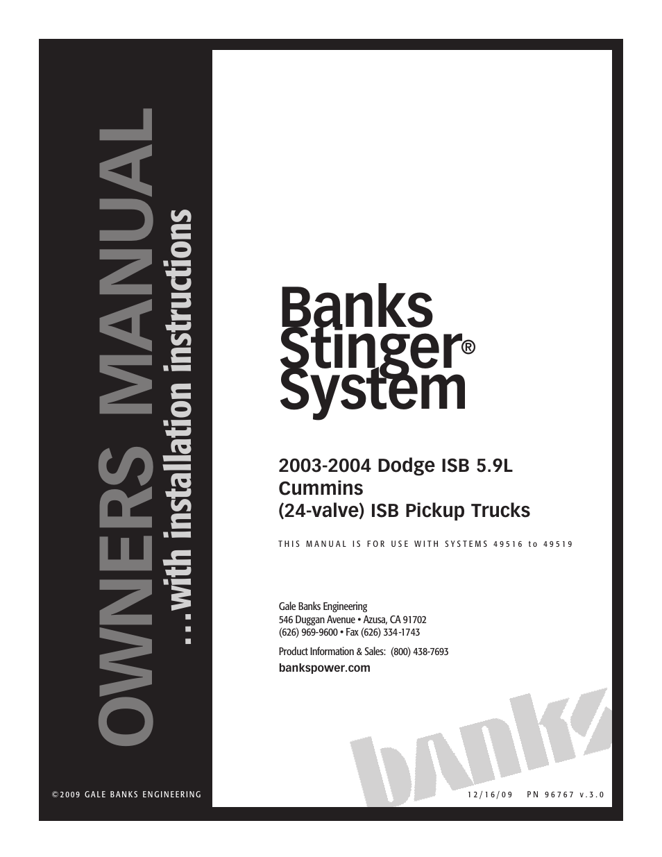 Banks Power Dodge Trucks: (Diesel ’03 - 07 5.9L Cummins) Power Systems- Stinger system '03-04 User Manual | 24 pages