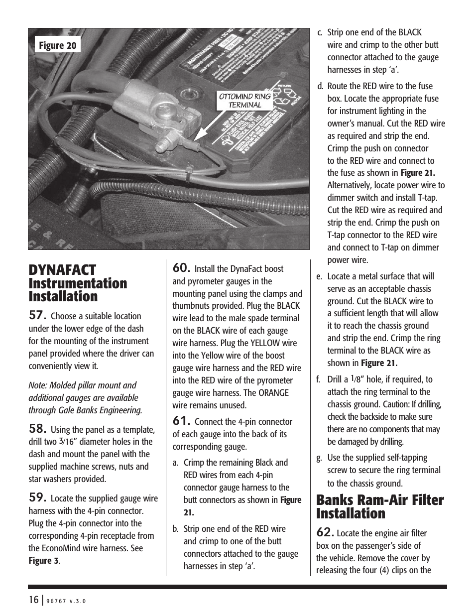 Dynafact instrumentation installation, Banks ram-air filter installation | Banks Power Dodge Trucks: (Diesel ’03 - 07 5.9L Cummins) Power Systems- Stinger system '03-04 User Manual | Page 16 / 24