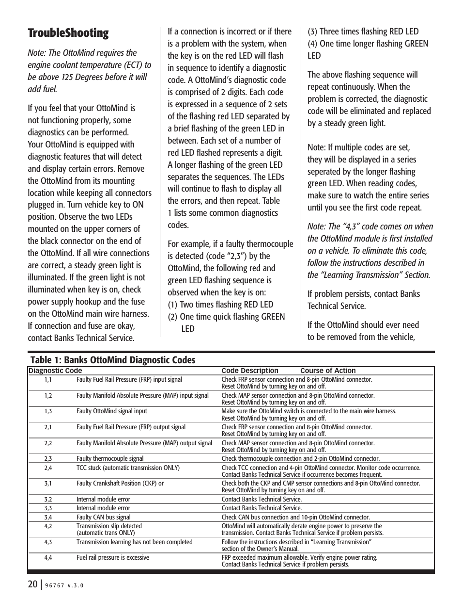Troubleshooting, Table 1: banks ottomind diagnostic codes | Banks Power Dodge Trucks: (Diesel ’03 - 07 5.9L Cummins) Power Systems- Stinger system '03-04 User Manual | Page 20 / 24