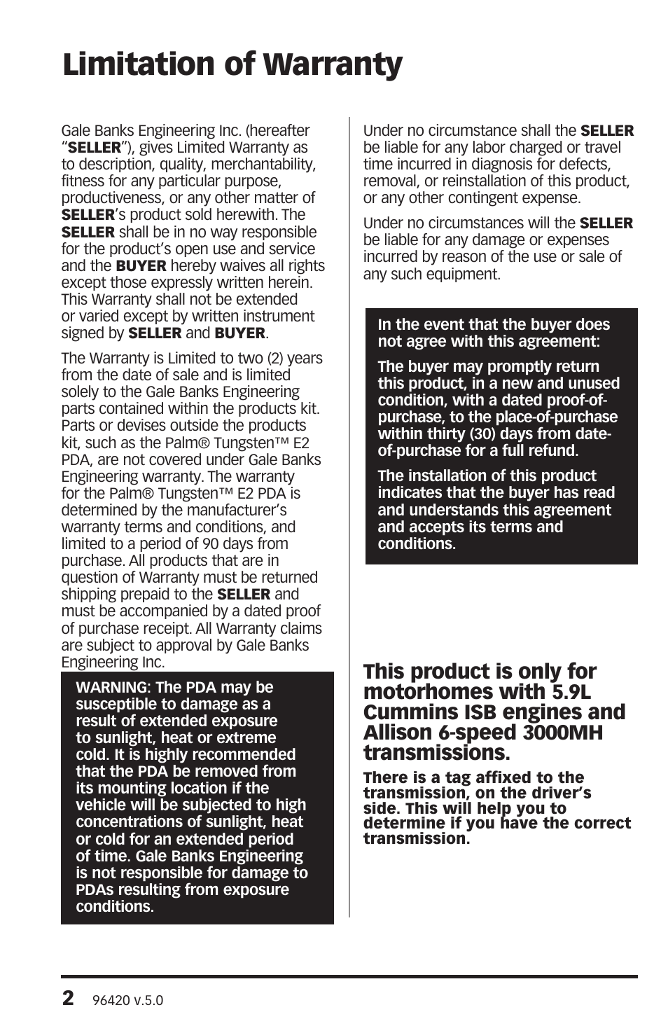 Limitation of warranty | Banks Power Cummins Motorhomes: (Diesel ’03 - 07 ISB-CR 5.9L) Tuner- EconoMind Diesel Tuner, Class-A w_Allison 3000MH '03-07  Compatible with Optional PowerPDA & Dynafact Gauges User Manual | Page 2 / 36