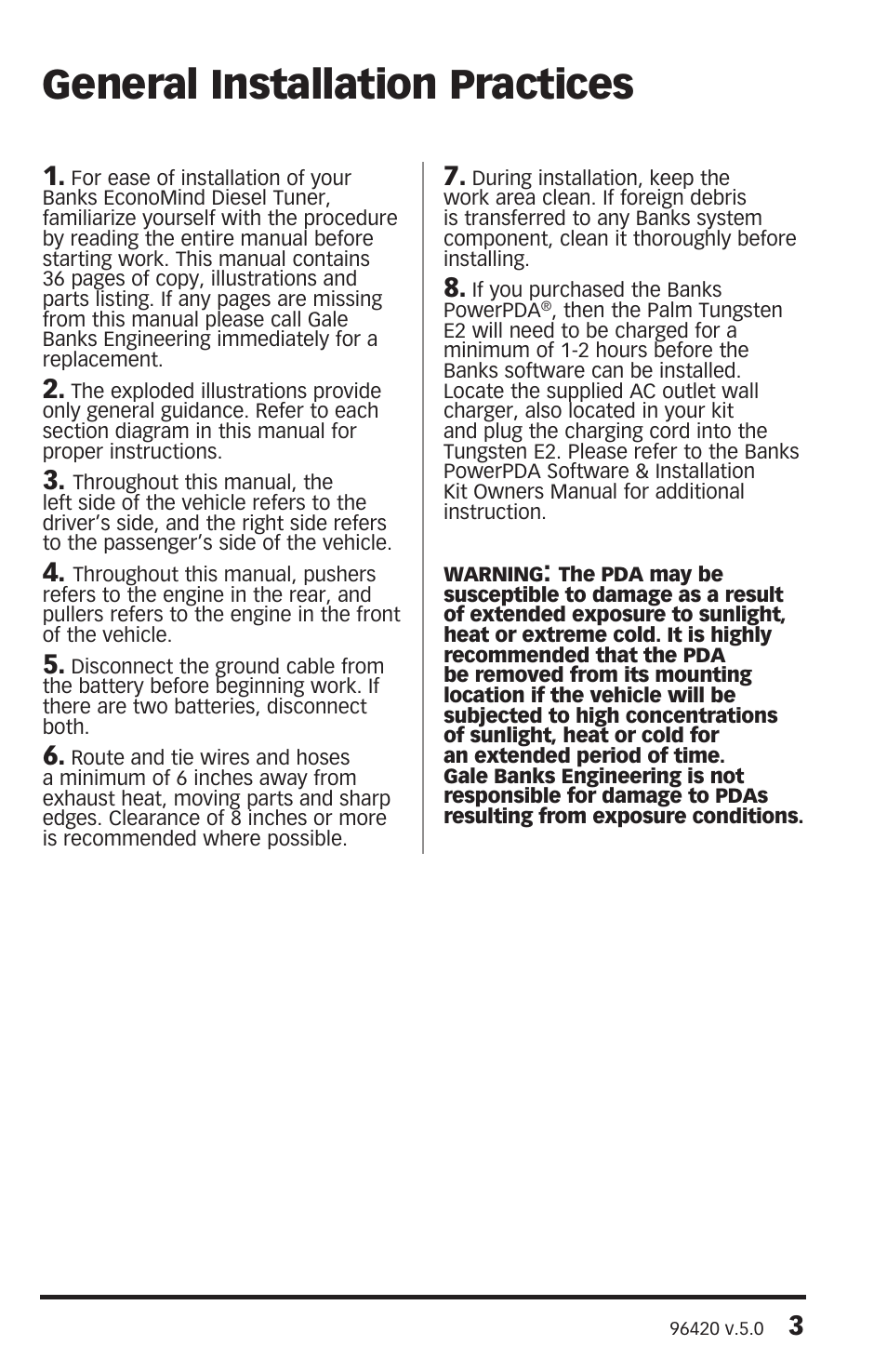 General installation practices | Banks Power Cummins Motorhomes: (Diesel ’03 - 07 ISB-CR 5.9L) Tuner- EconoMind Diesel Tuner, Class-A w_Allison 3000MH '03-07  Compatible with Optional PowerPDA & Dynafact Gauges User Manual | Page 3 / 36