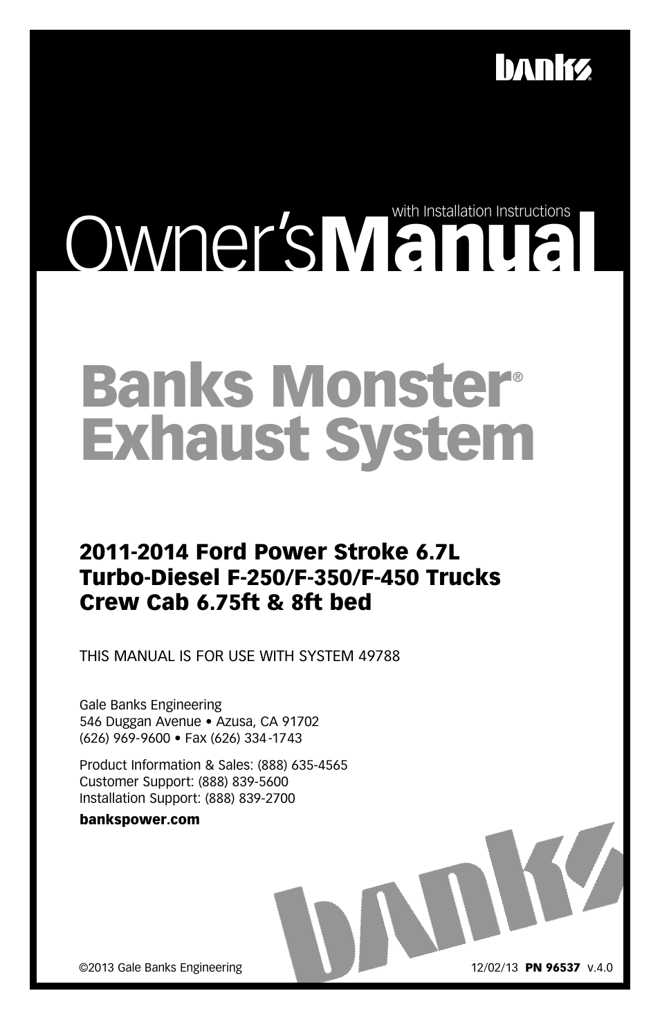 Banks Power Ford Trucks: (Diesel ’11 - 14 6.7L Power Stroke) Exhaust- Monster Exhaust, Single Passenger side exit, '11 F-250_ F-350_ F-450 User Manual | 8 pages