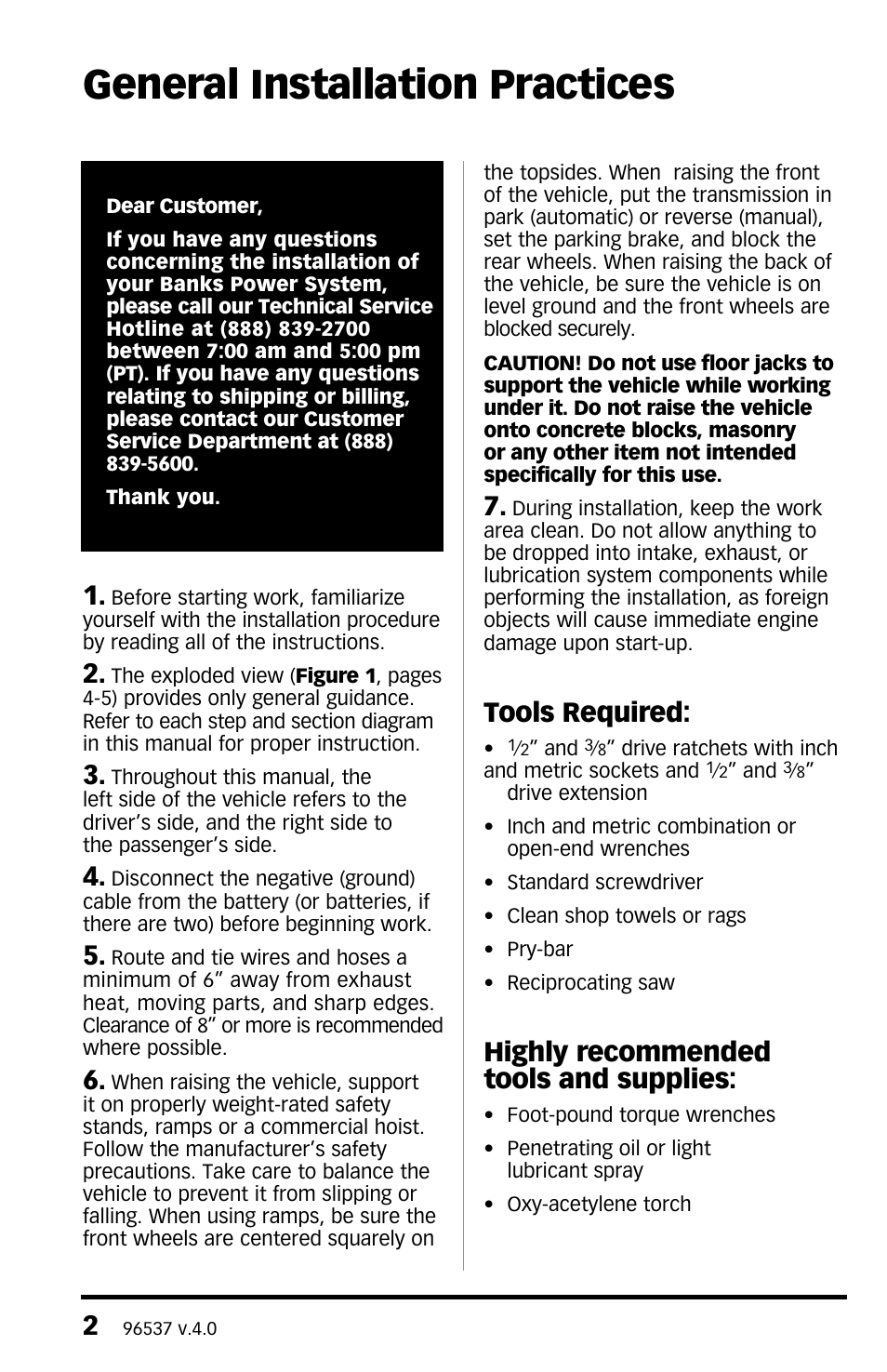 General installation practices, Tools required, Highly recommended tools and supplies | Banks Power Ford Trucks: (Diesel ’11 - 14 6.7L Power Stroke) Exhaust- Monster Exhaust, Single Passenger side exit, '11 F-250_ F-350_ F-450 User Manual | Page 2 / 8