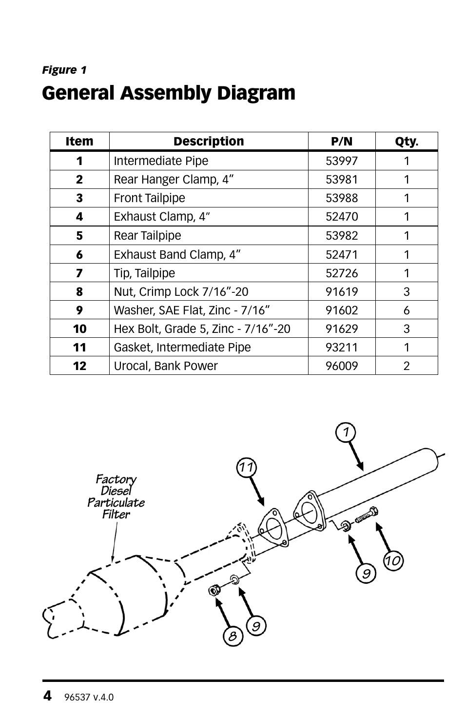 General assembly diagram | Banks Power Ford Trucks: (Diesel ’11 - 14 6.7L Power Stroke) Exhaust- Monster Exhaust, Single Passenger side exit, '11 F-250_ F-350_ F-450 User Manual | Page 4 / 8