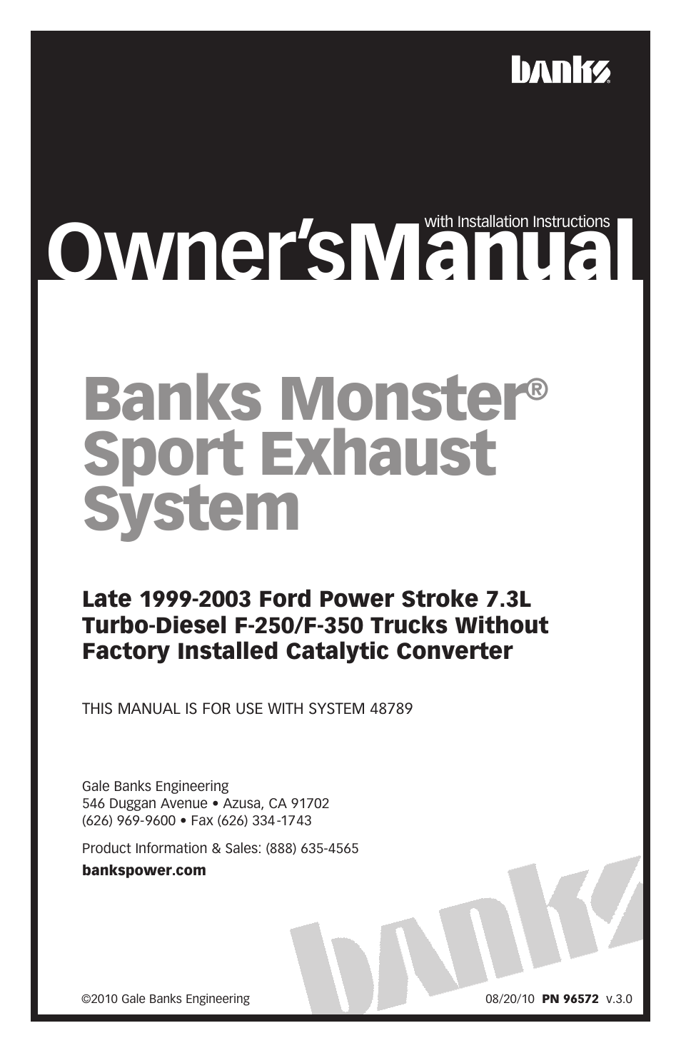 Banks Power Ford Trucks: (Diesel ’99 - 03 7.3L Power Stroke) Exhaust- Monster Sport Exhaust System '99-03 F-250_350 Pickups User Manual | 12 pages
