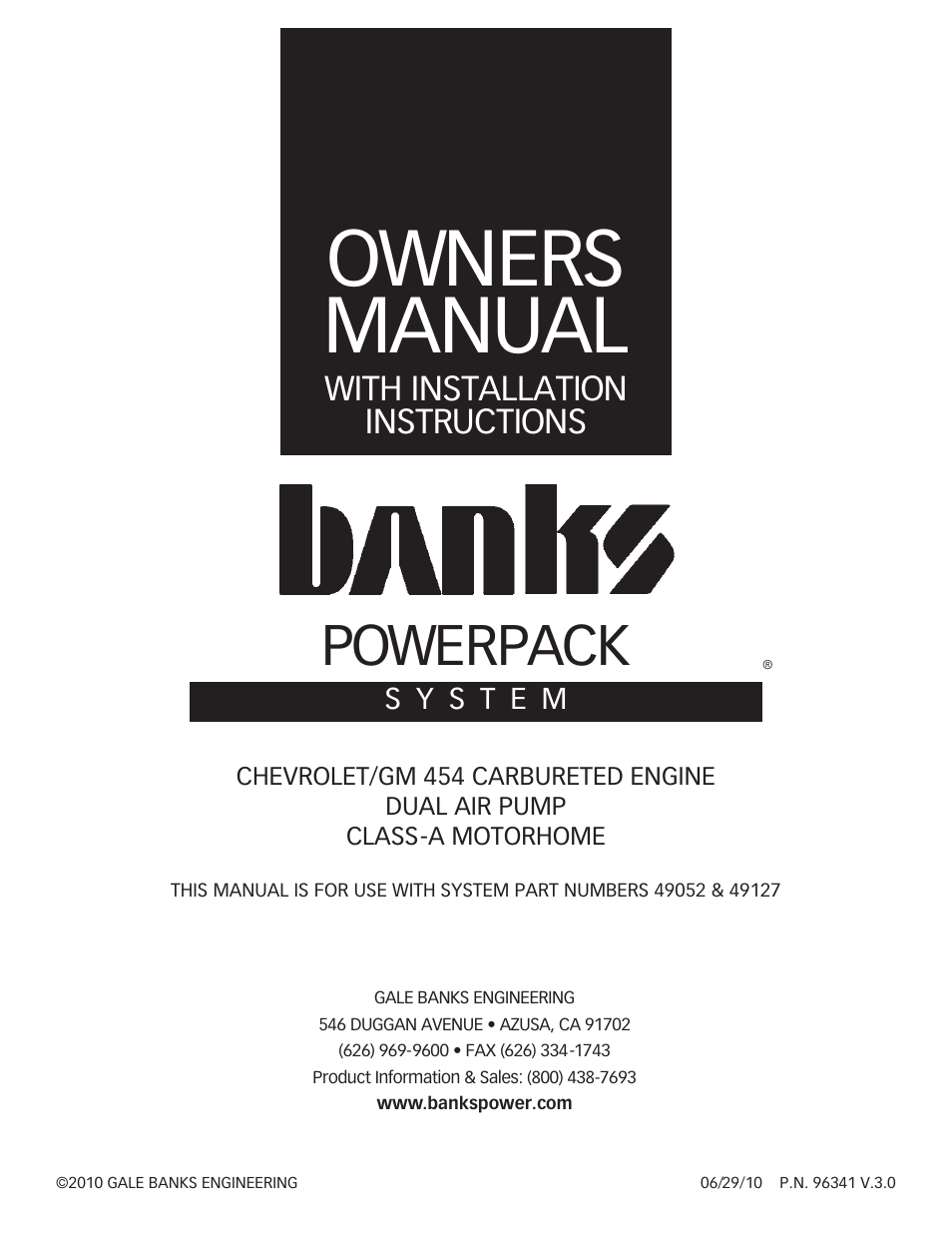 Banks Power GM Motorhomes: (Gas ’82 - 95 7.4L) PowerPack system (Carbureted, dual air pump) User Manual | 16 pages