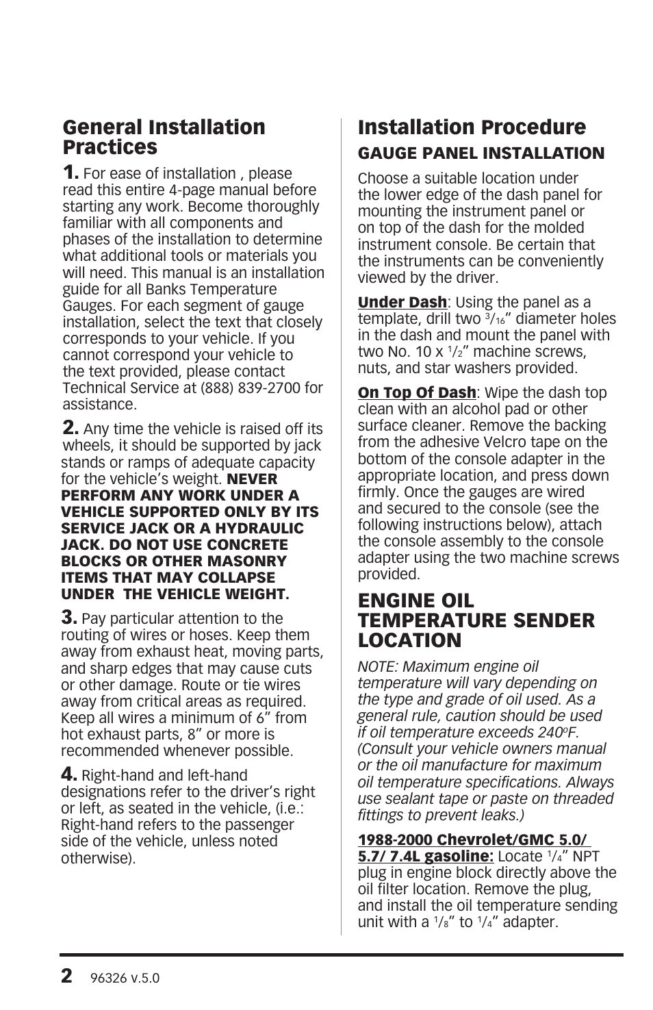 General installation practices 1, Installation procedure, Engine oil temperature sender location | Banks Power Temperature User Manual | Page 2 / 8