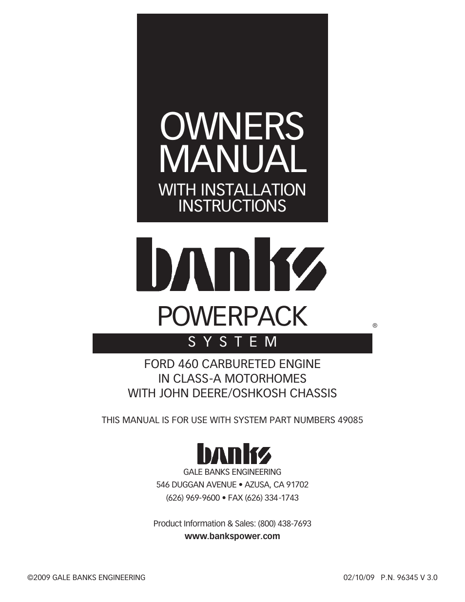 Banks Power Ford Motorhomes: (Gas ’93 - 98 7.5L Class-A) PowerPack system (Class-A, Carb, JD-OK Chassis) For use w_ 460 carbureted engine User Manual | 12 pages