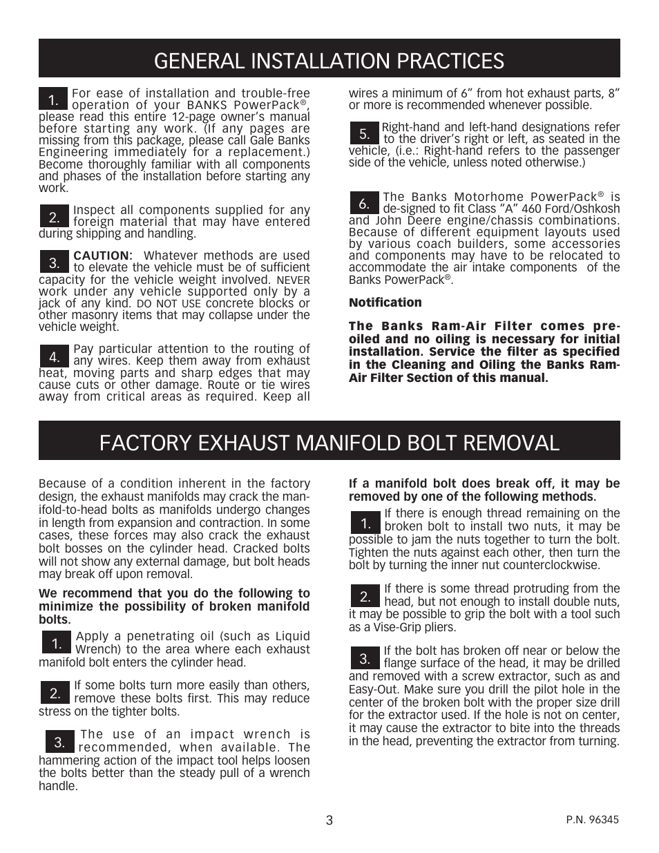 General installation practices, Factory exhaust manifold bolt removal | Banks Power Ford Motorhomes: (Gas ’93 - 98 7.5L Class-A) PowerPack system (Class-A, Carb, JD-OK Chassis) For use w_ 460 carbureted engine User Manual | Page 3 / 12
