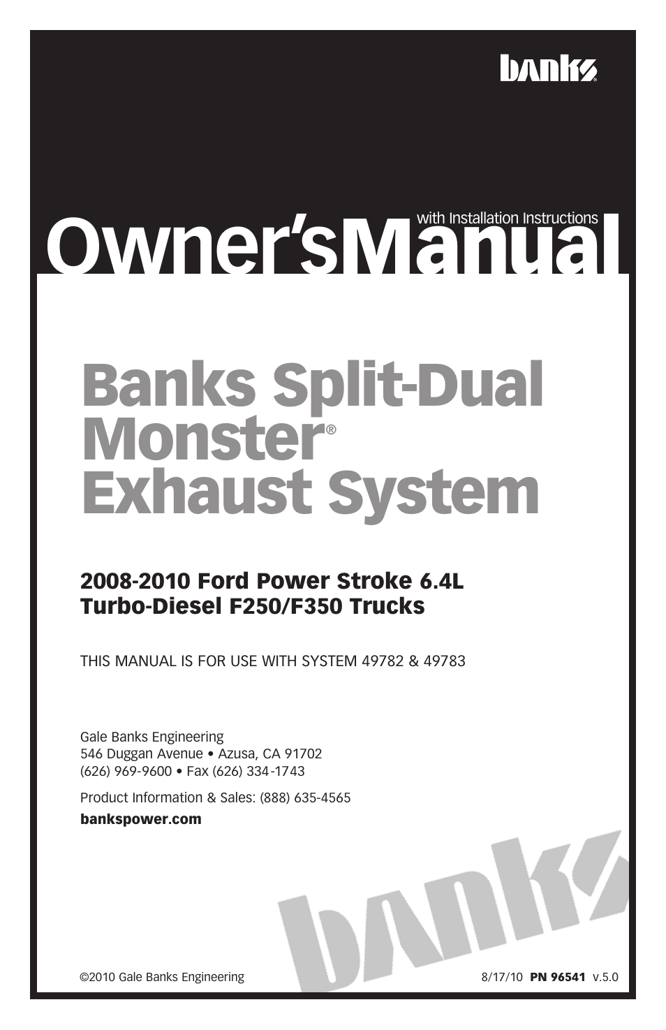 Banks Power Ford Trucks: (Diesel ’08 - 10 6.4L Power Stroke) Exhaust- Monster Exhaust, Split-Dual '08-10 F-250_ F-350 User Manual | 20 pages