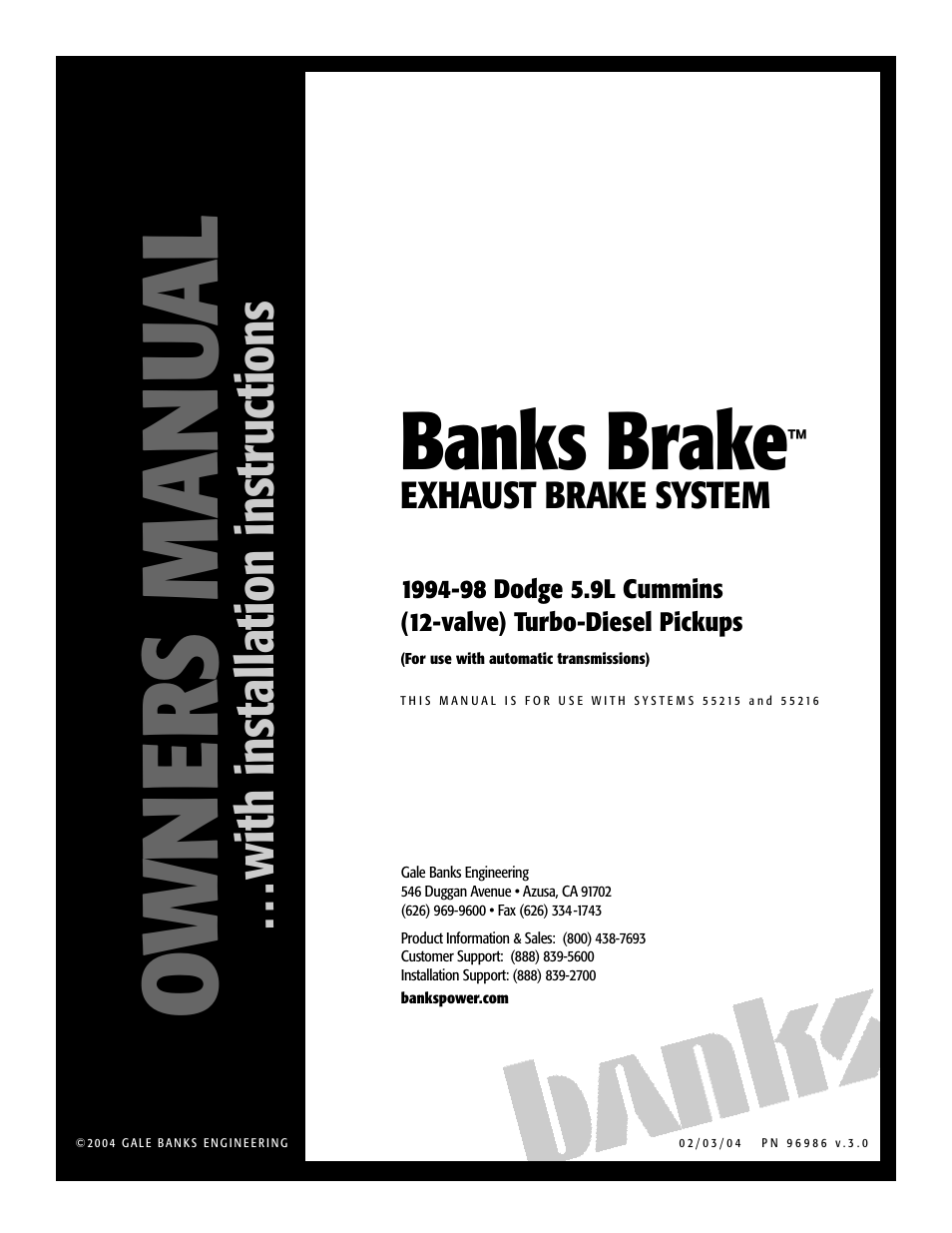 Banks Power Dodge Trucks: (Diesel ’94 - 98 5.9L Cummins) Speed Control- Exhaust Brake (Automatic Trans) User Manual | 16 pages
