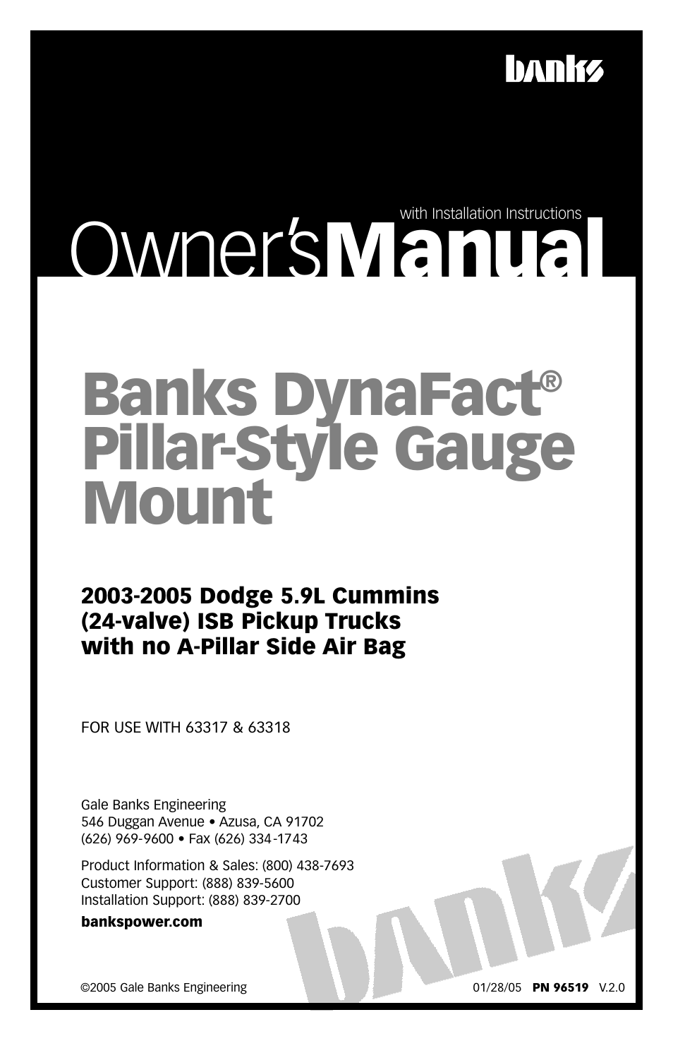 Banks Power DynaFact pillar-style gauge mount '03-05 Dodge 5.9L Cummins Truck User Manual | 8 pages